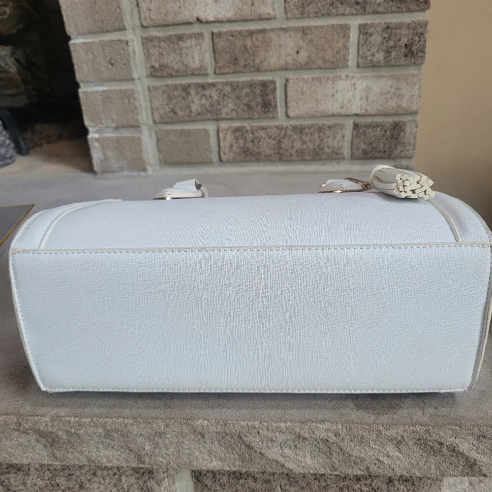Chic White Faux Saffiano Leather Satchel with Gold Hardware & Tassle